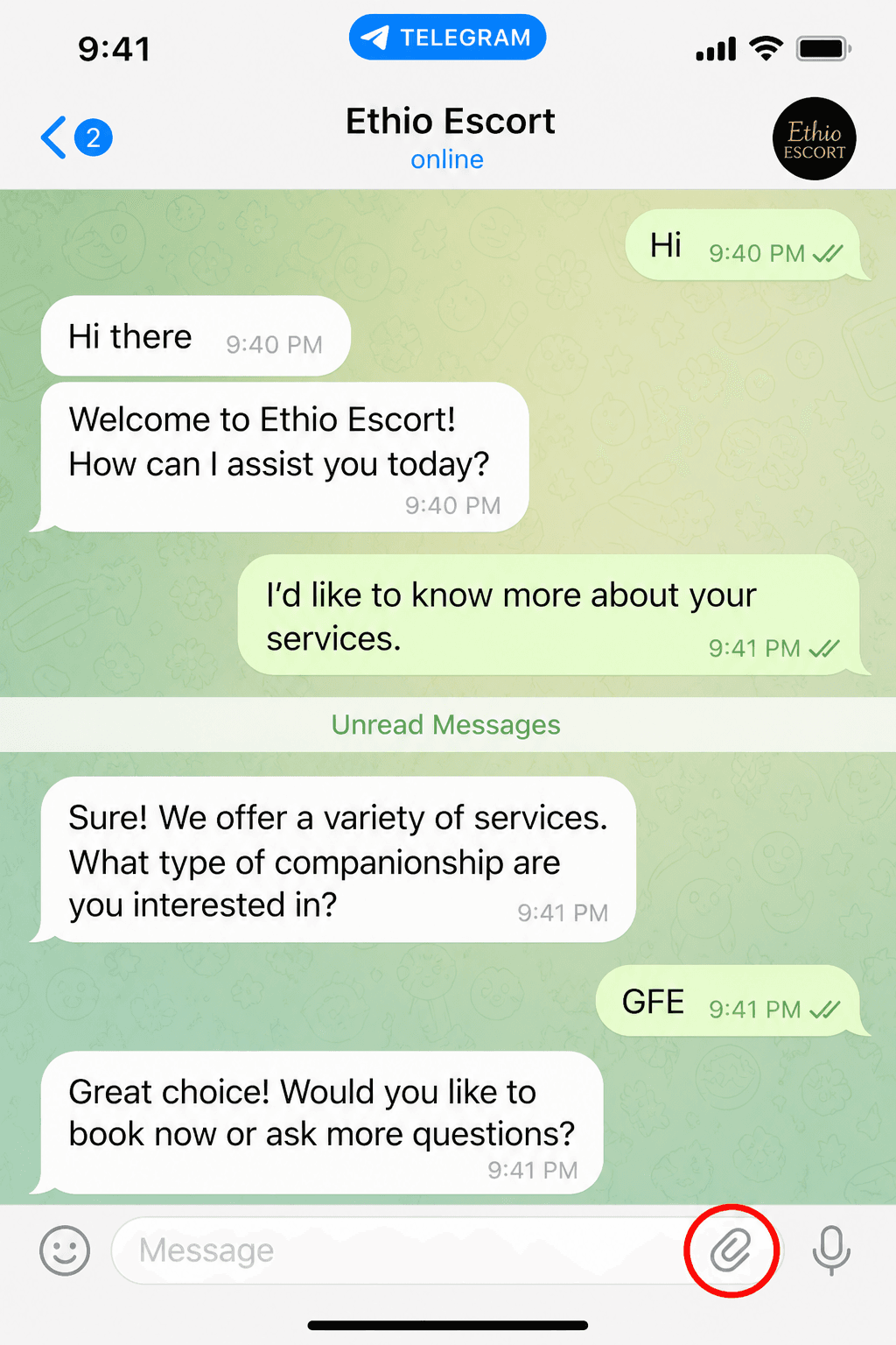 Telegram chat with Ethio Escort — tap the attach paperclip button