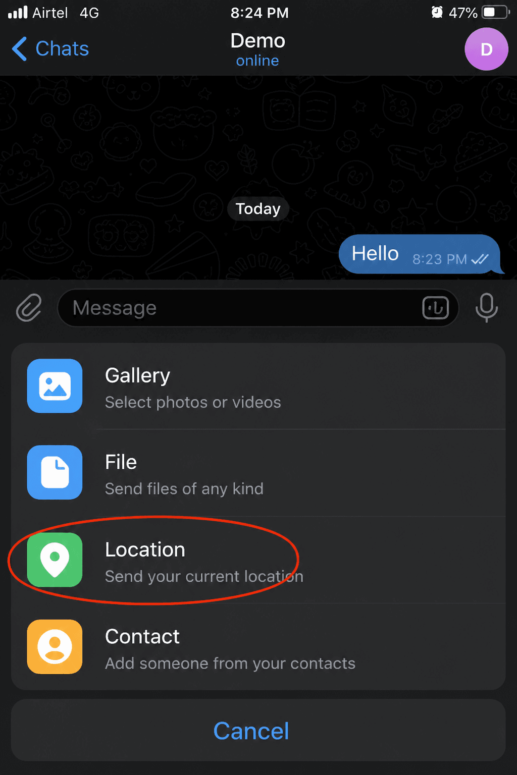 Telegram attach menu — select Location