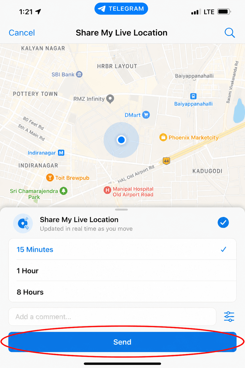 Telegram Share My Live Location screen