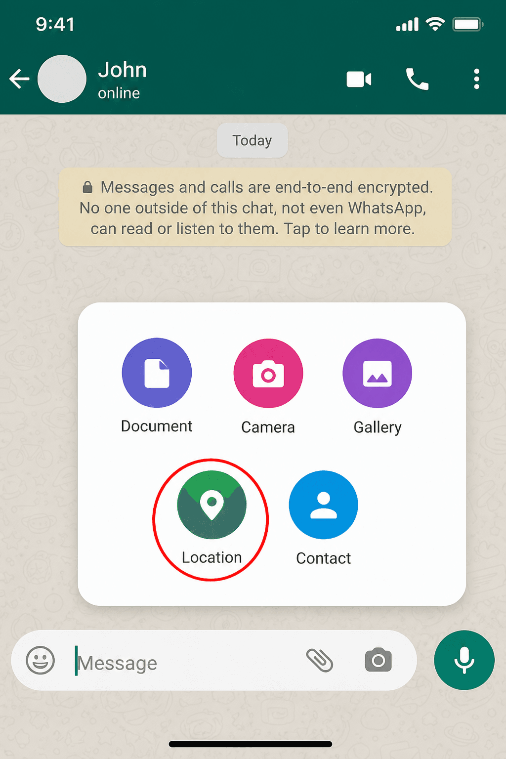 WhatsApp attachment menu — select Location