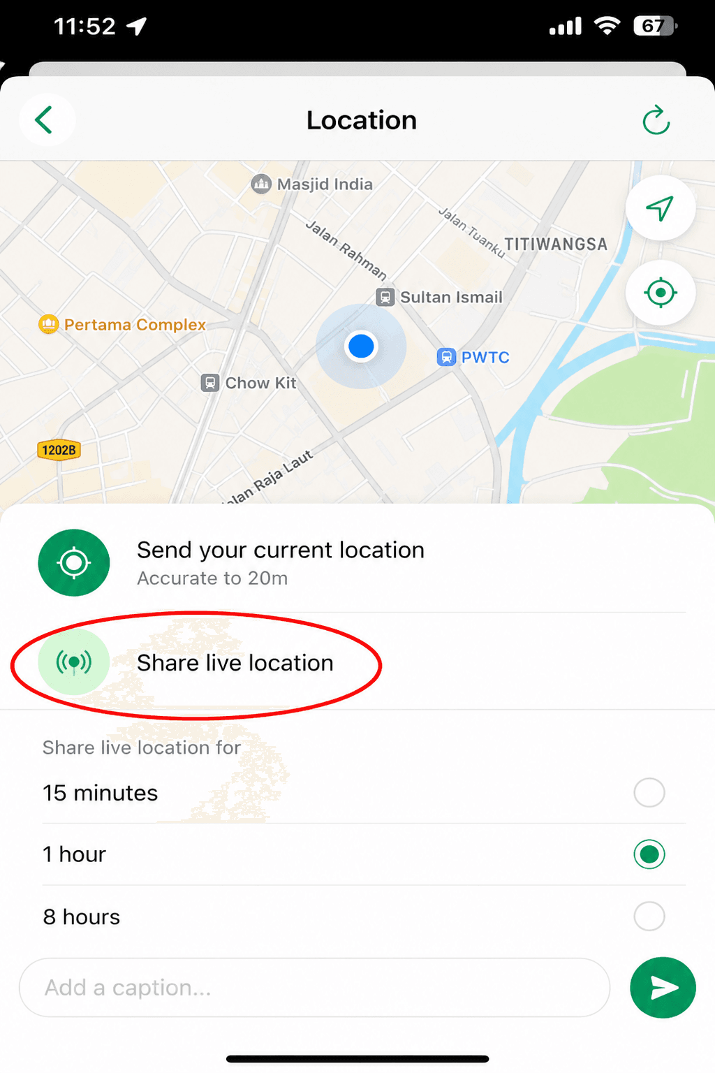 WhatsApp Share live location screen with duration options